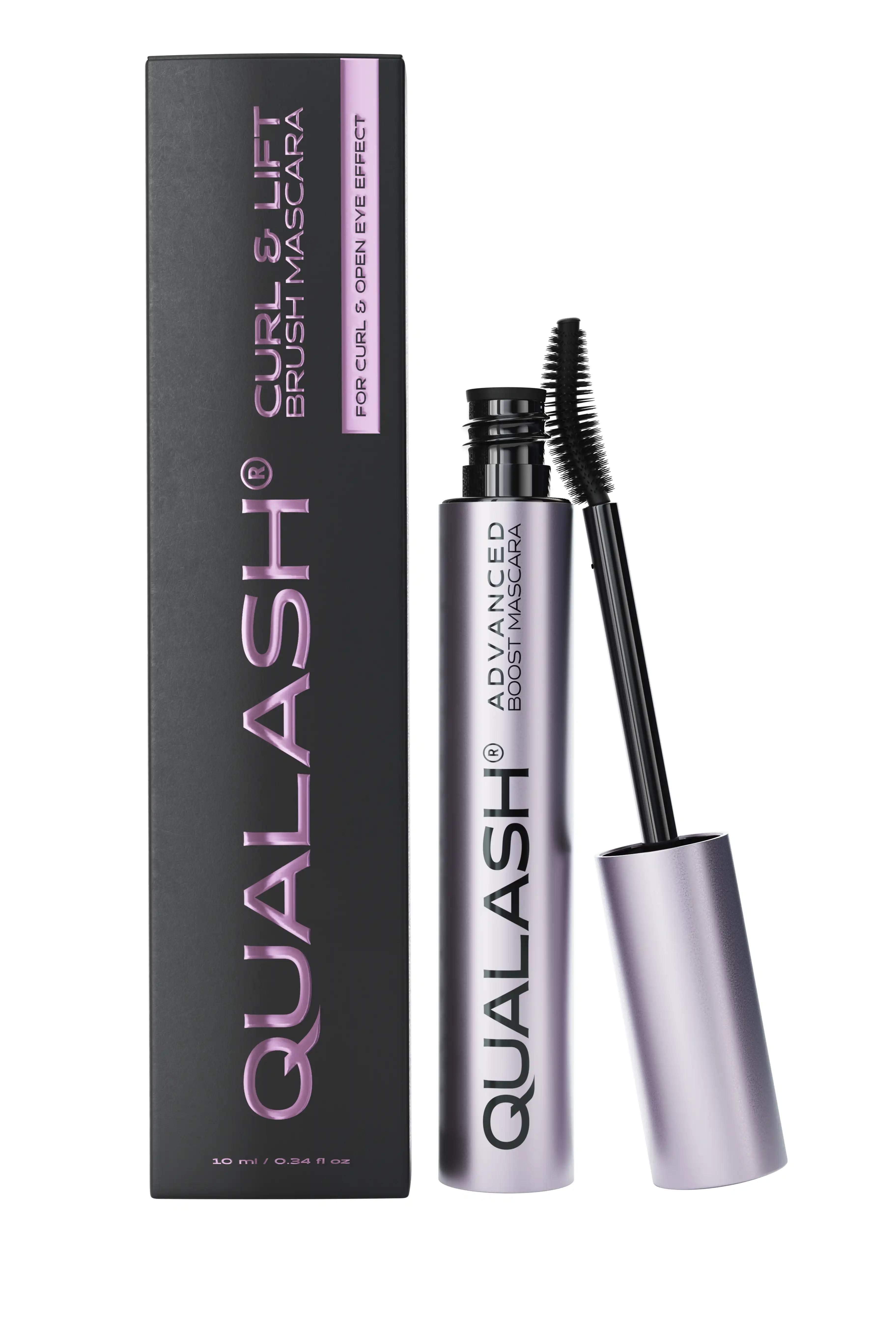 QUALASH Curl & Lift Mascara vist med emballage og åben børste for buet og åbent øjenlook