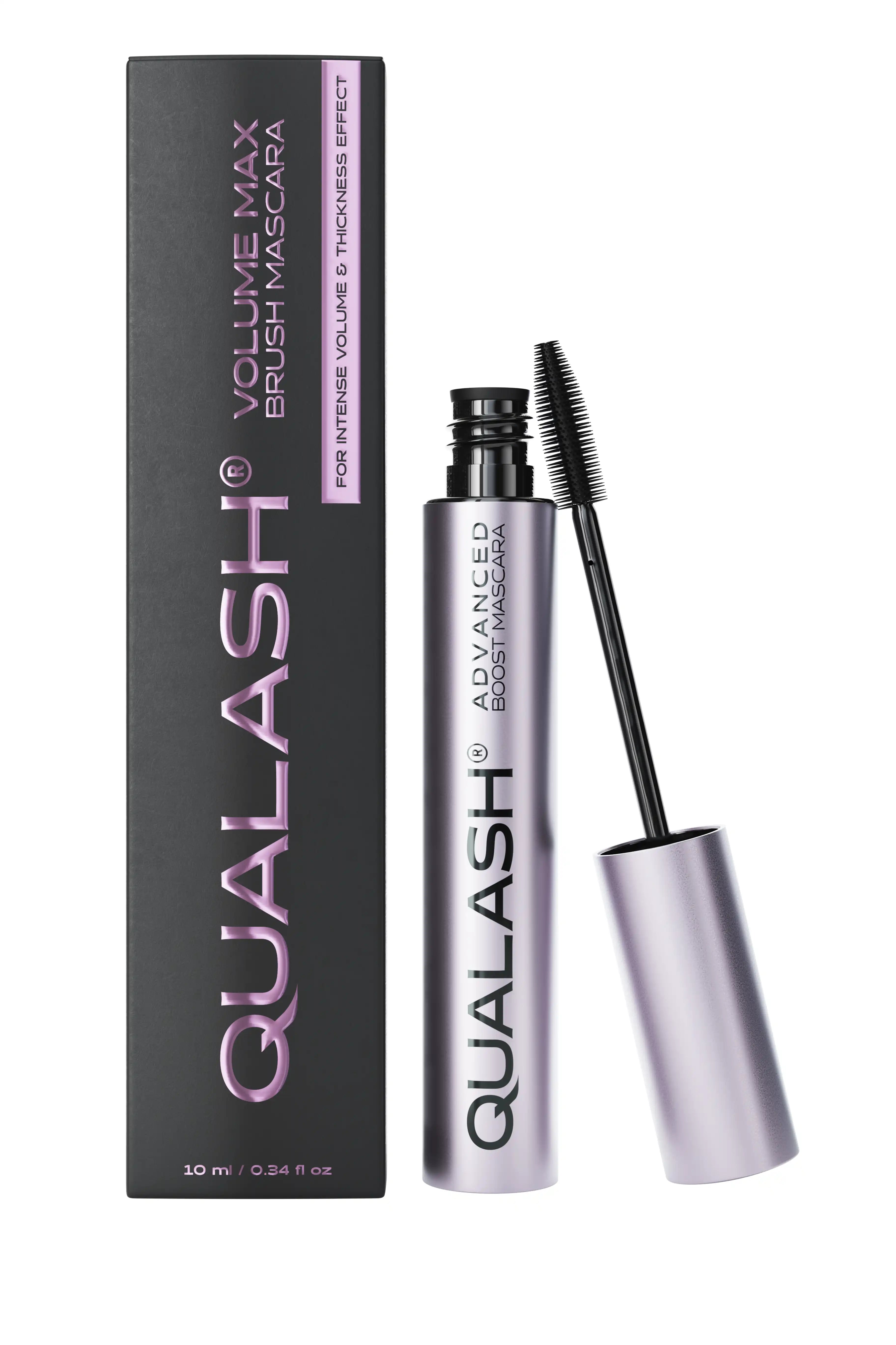 Mascara QUALASH® Advanced Volume Max 10 ml ouvert, avec boîte et brosse incurvée visible