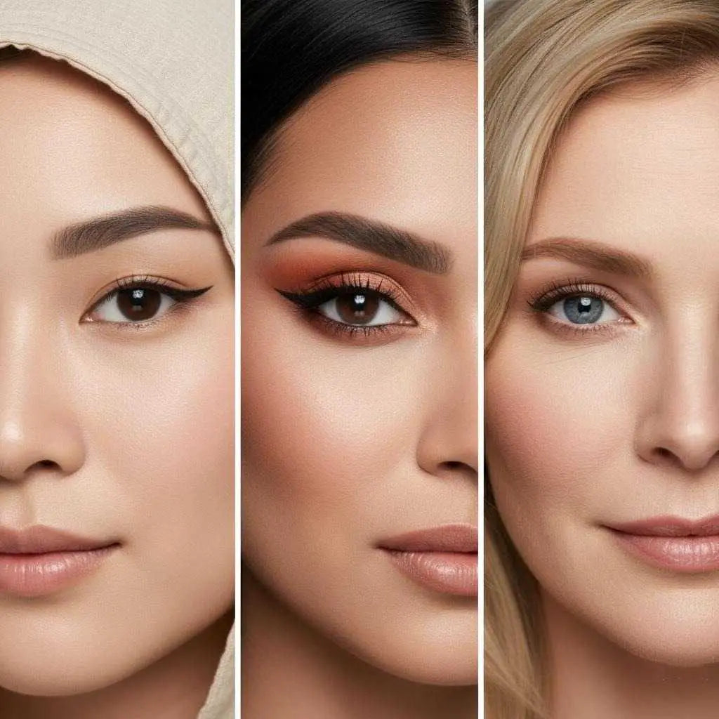 Tre forskellige kvinder, der viser forskellige øjenformer med makeup-looks, herunder monolid, hætteøjne og dybtliggende øjne