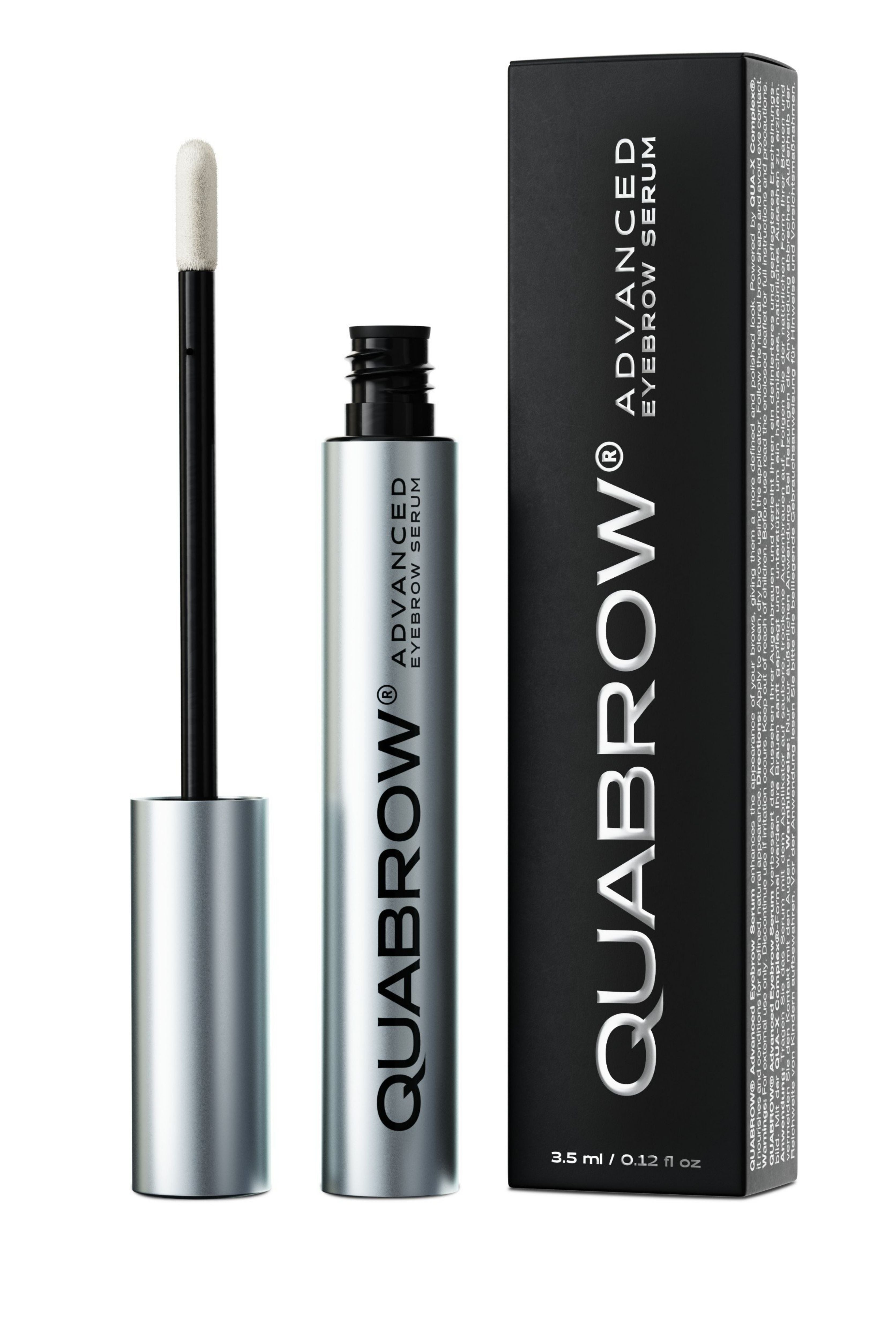 QUABROW Advanced Eyebrow Growth Serum in premium silver packaging on white background