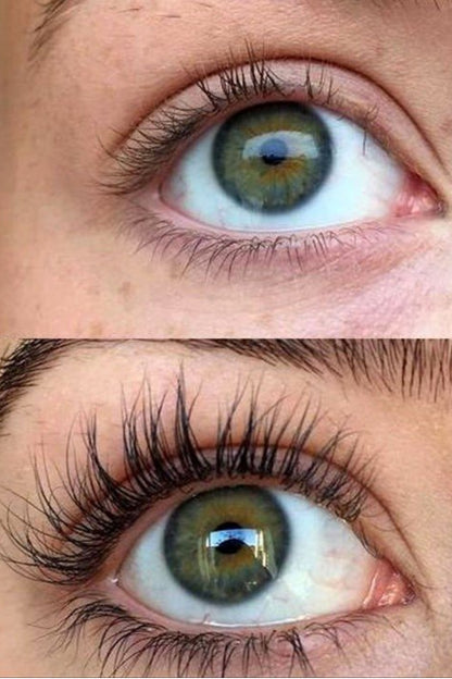 Blue eye with visibly longer and healthier-looking natural lashes thank to qualash serum
