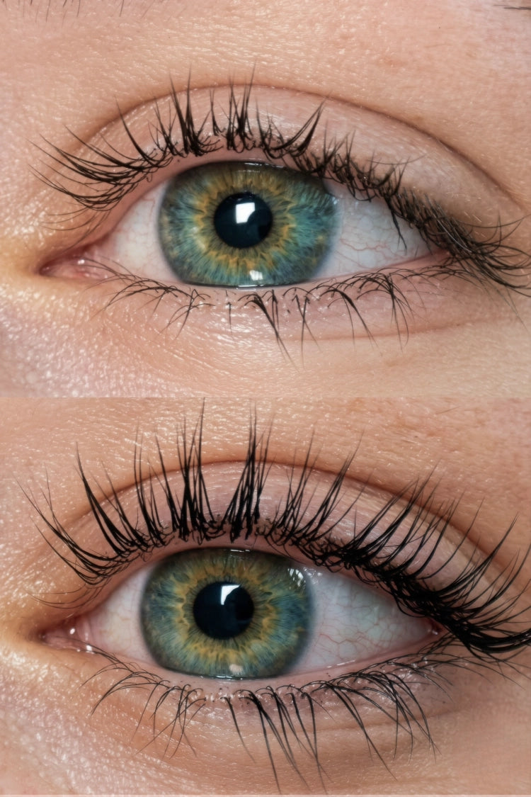Before and after eyelash results after regular use of QUALASH lash serum
