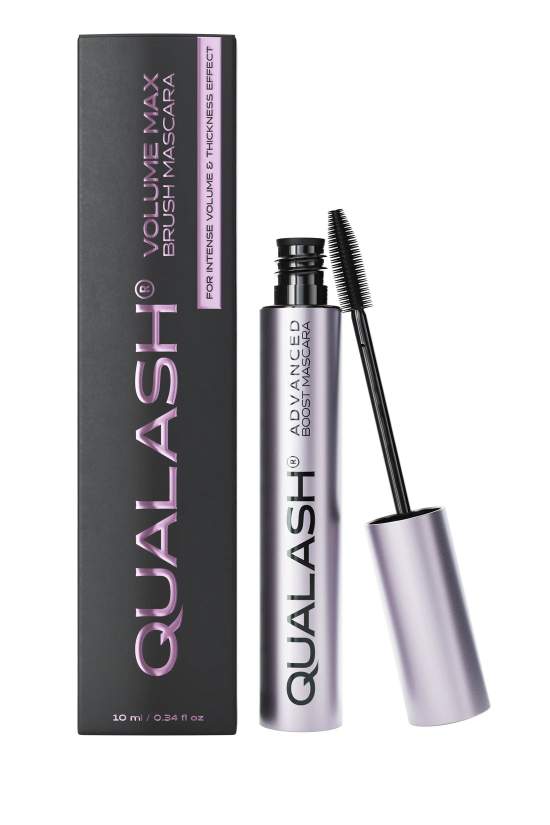 Open QUALASH® Advanced Mascara Volume Max 10 ml with product box and visible curved brush
